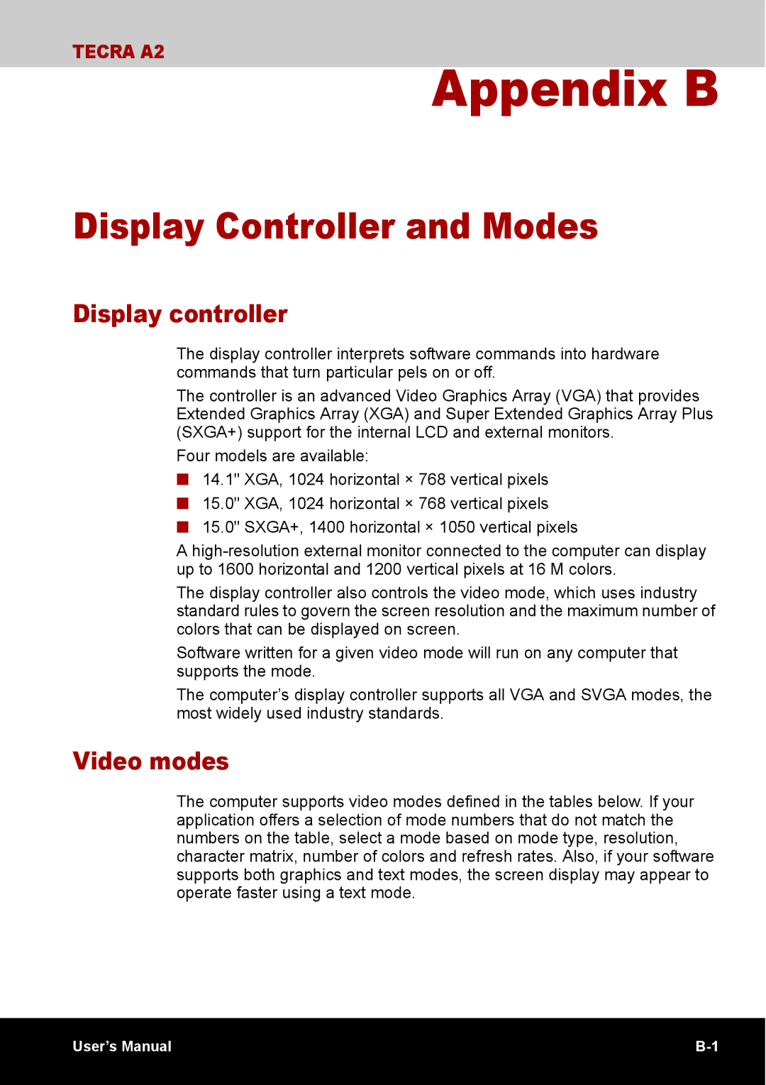 Toshiba TECRA A2 manual Display Controller and Modes, Display controller, Video modes 