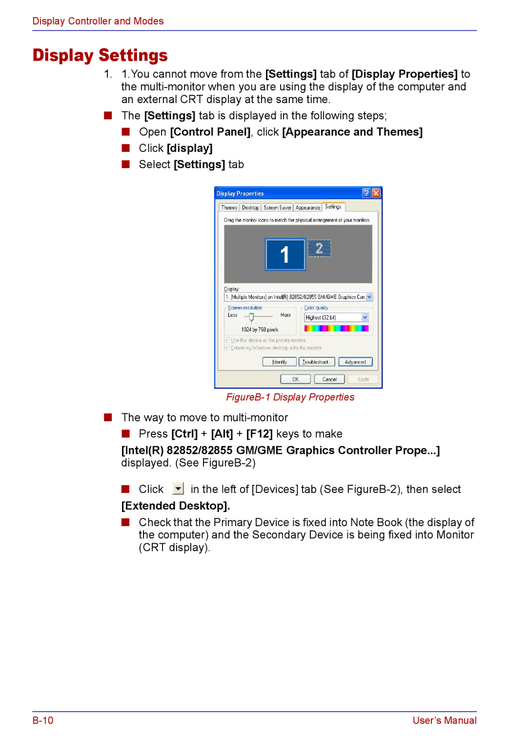 Toshiba TECRA A2 manual Display Settings, Extended Desktop 