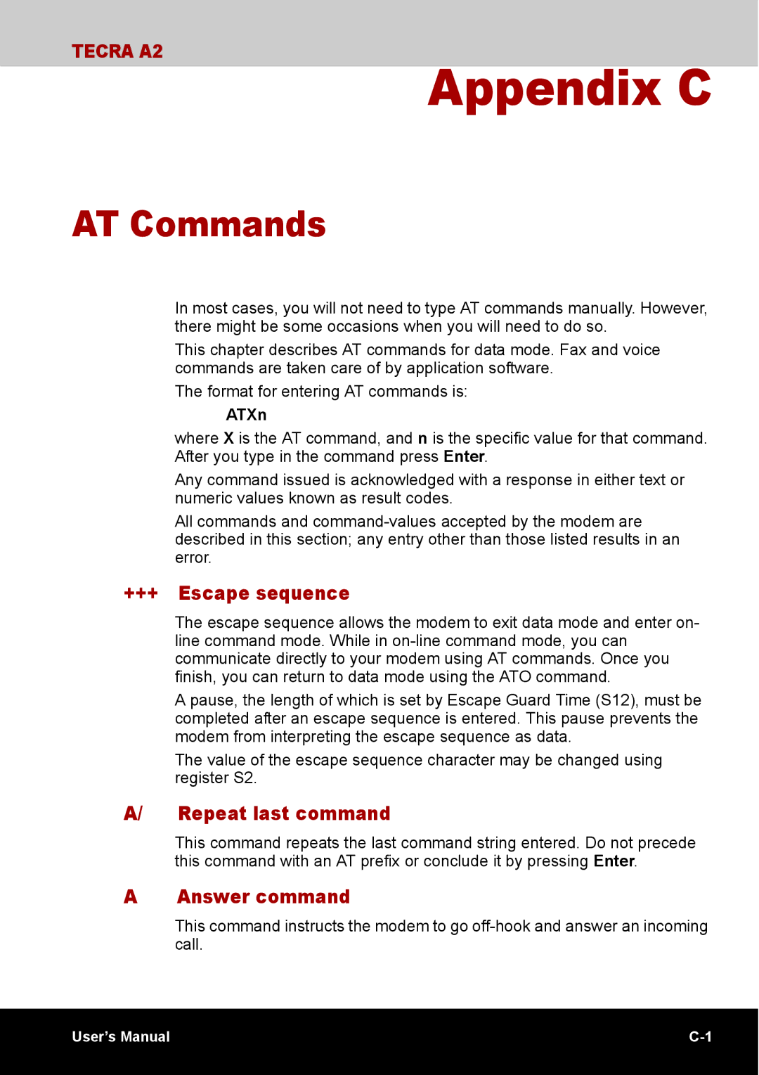 Toshiba TECRA A2 manual AT Commands, +++ Escape sequence, Repeat last command, Answer command, ATXn 