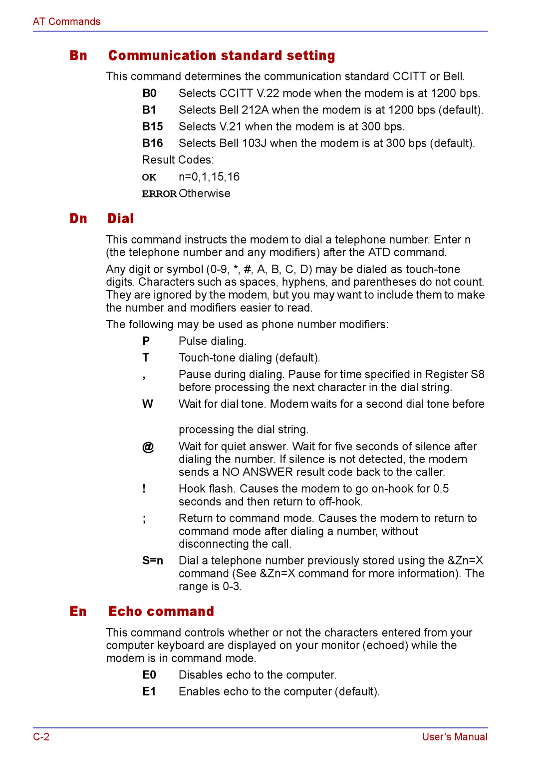 Toshiba TECRA A2 manual Bn Communication standard setting, Dn Dial, En Echo command 
