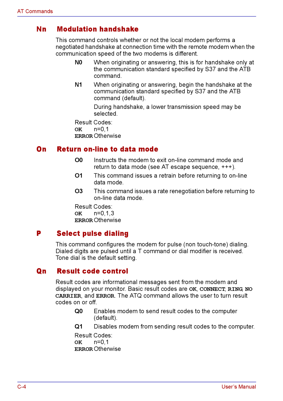 Toshiba TECRA A2 manual Nn Modulation handshake, Return on-line to data mode, Select pulse dialing, Result code control 