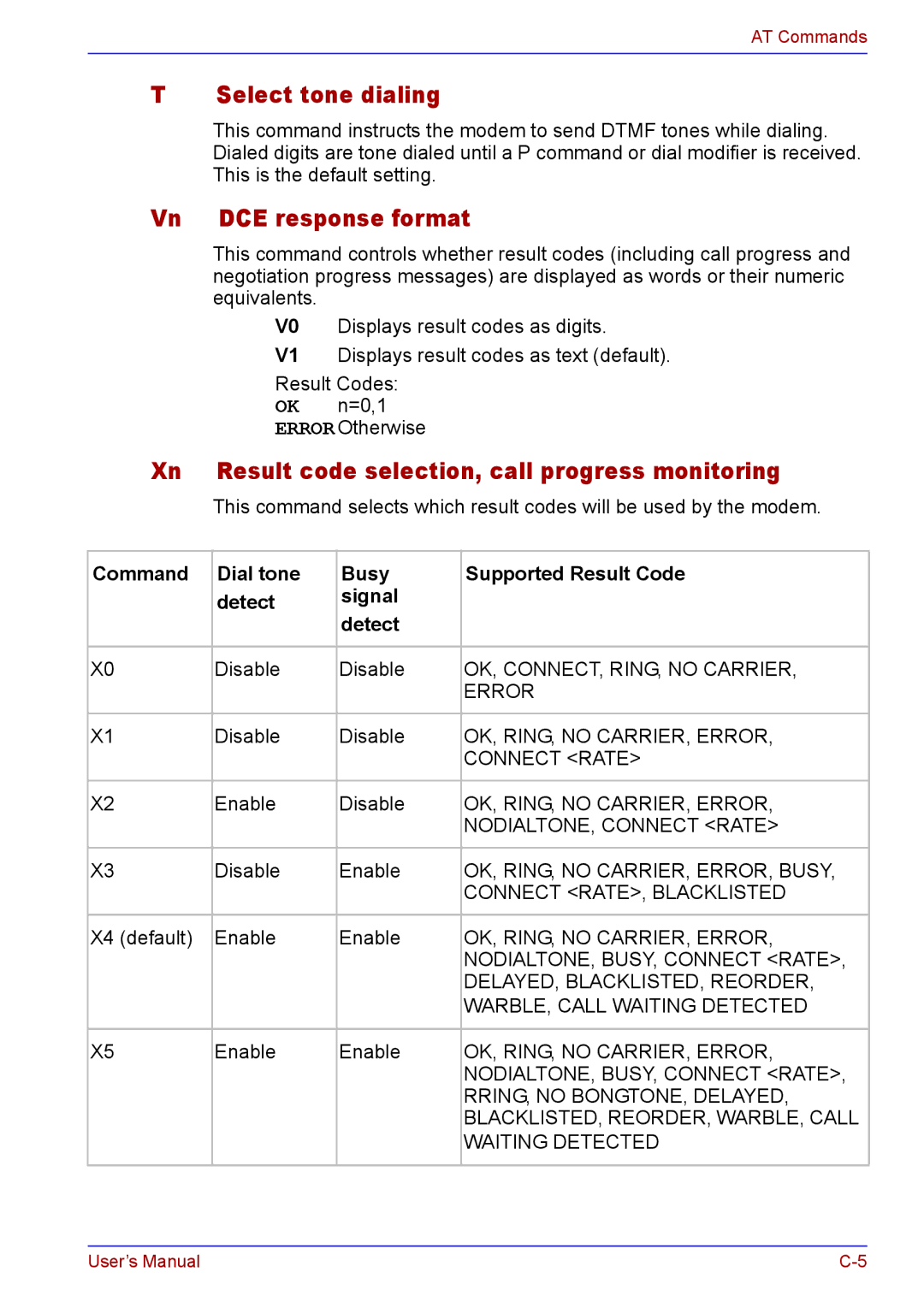 Toshiba TECRA A2 manual Select tone dialing, Vn DCE response format, Result code selection, call progress monitoring 