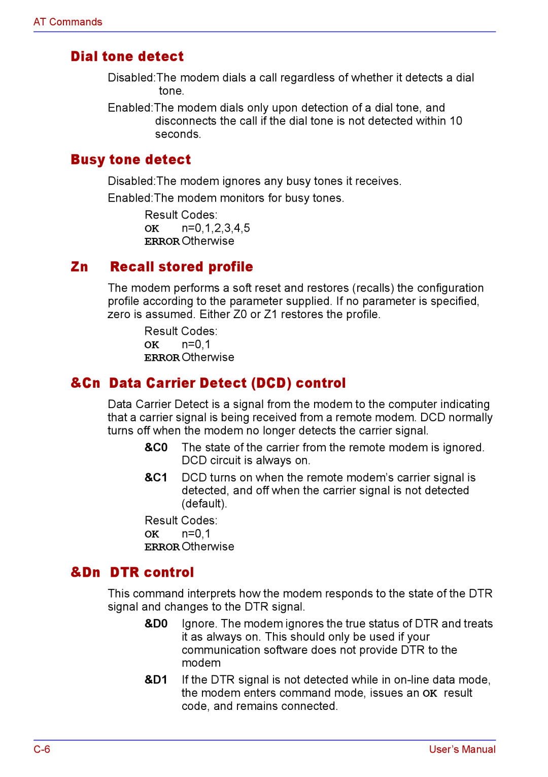 Toshiba TECRA A2 manual Dial tone detect, Busy tone detect, Zn Recall stored profile, Cn Data Carrier Detect DCD control 