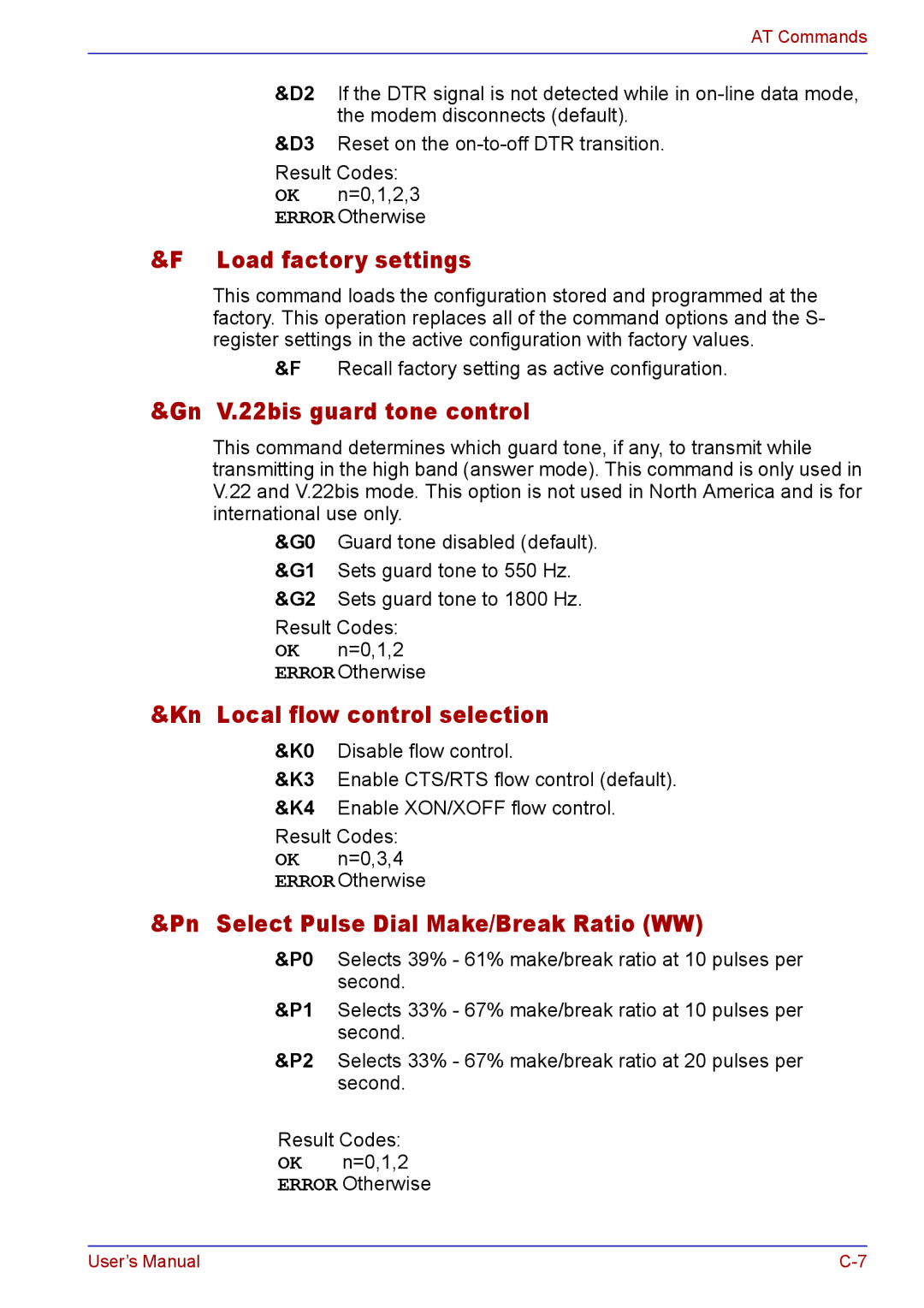 Toshiba TECRA A2 manual Load factory settings, Gn V.22bis guard tone control, Kn Local flow control selection 