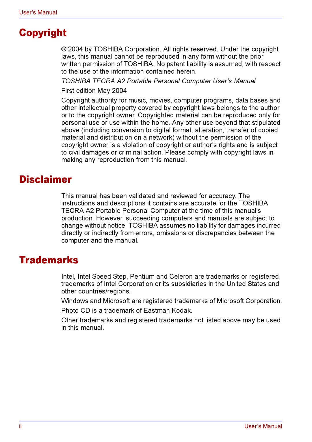 Toshiba TECRA A2 manual Copyright, Disclaimer, Trademarks 