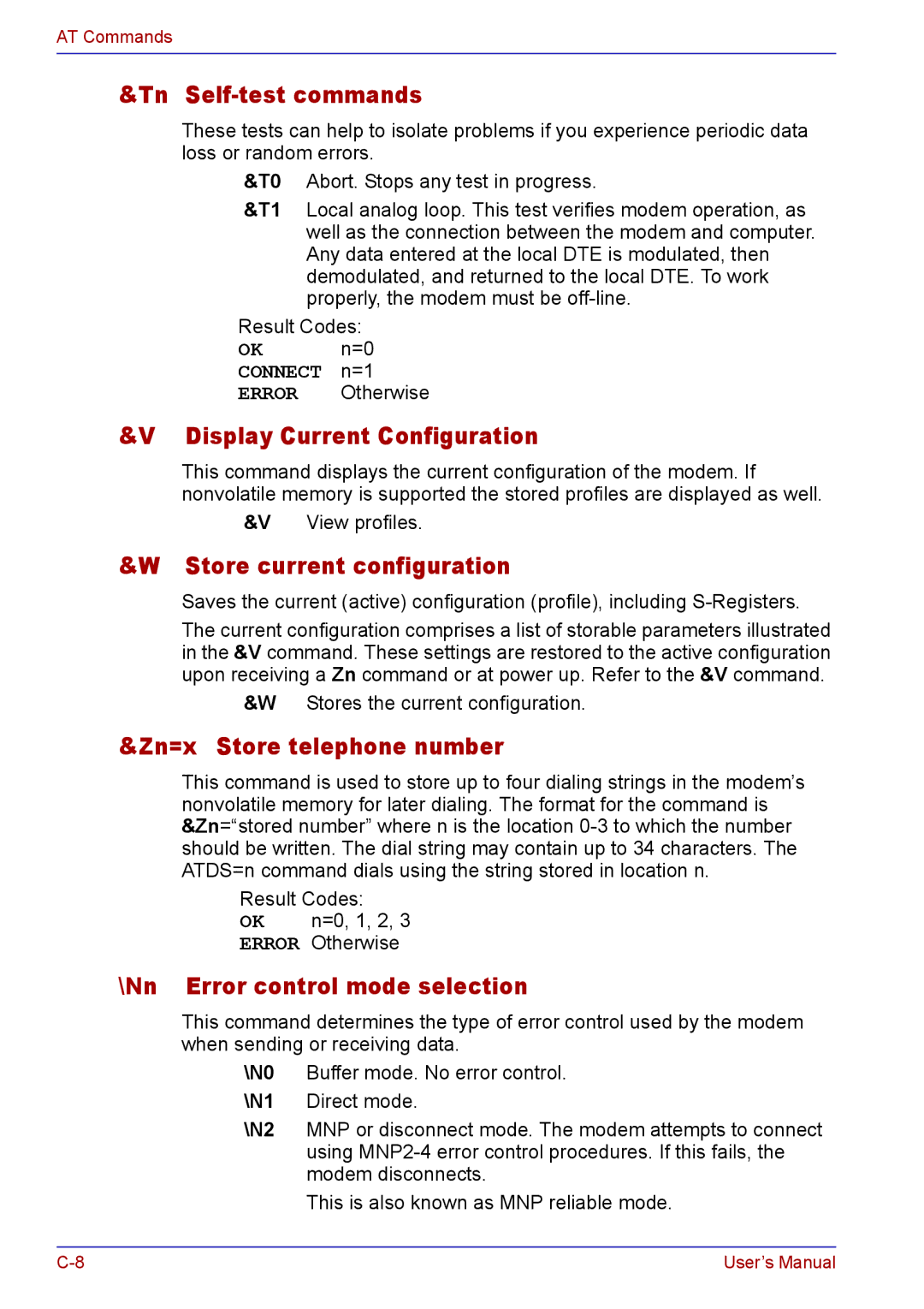 Toshiba TECRA A2 manual Tn Self-test commands, Display Current Configuration, Store current configuration 