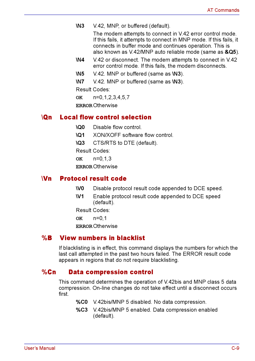 Toshiba TECRA A2 manual Qn Local flow control selection, Vn Protocol result code, View numbers in blacklist 