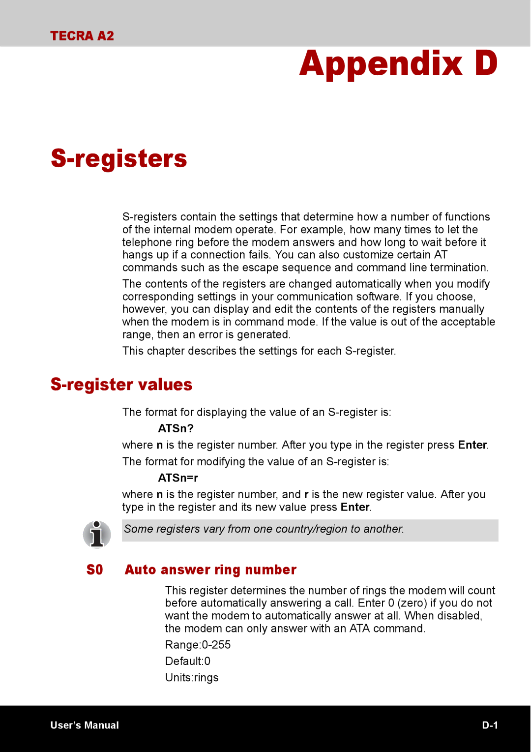 Toshiba TECRA A2 manual Registers, Register values, S0 Auto answer ring number, ATSn?, ATSn=r 