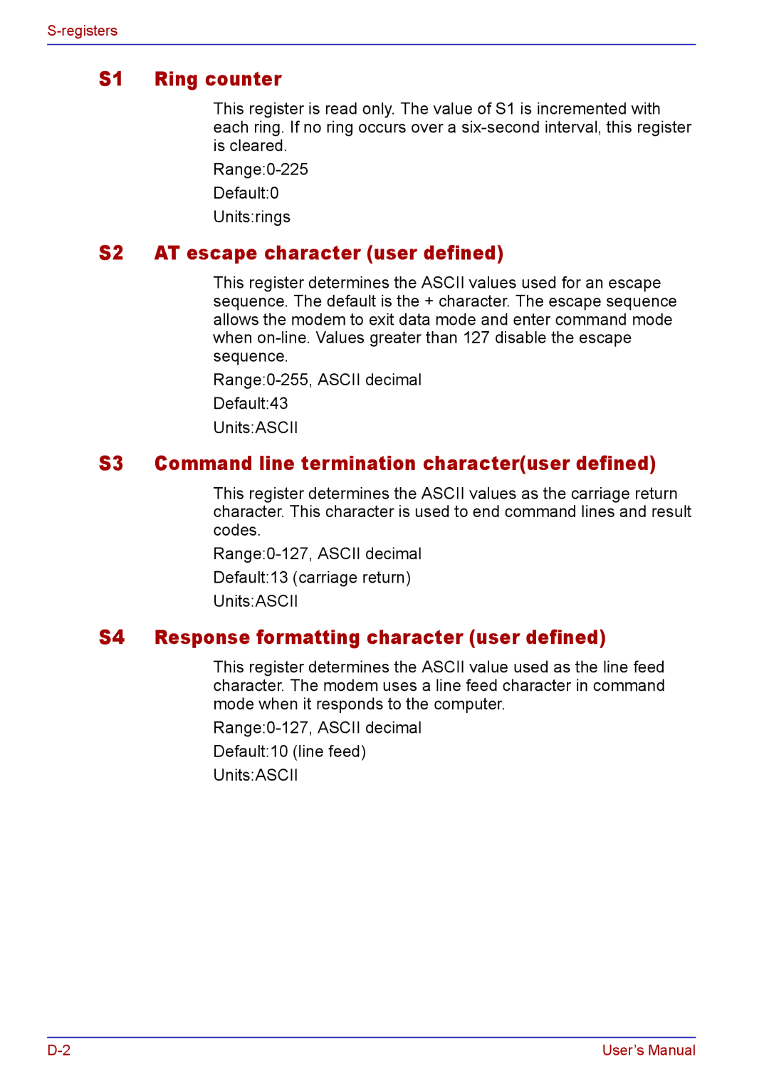 Toshiba TECRA A2 S1 Ring counter, S2 AT escape character user defined, S3 Command line termination characteruser defined 