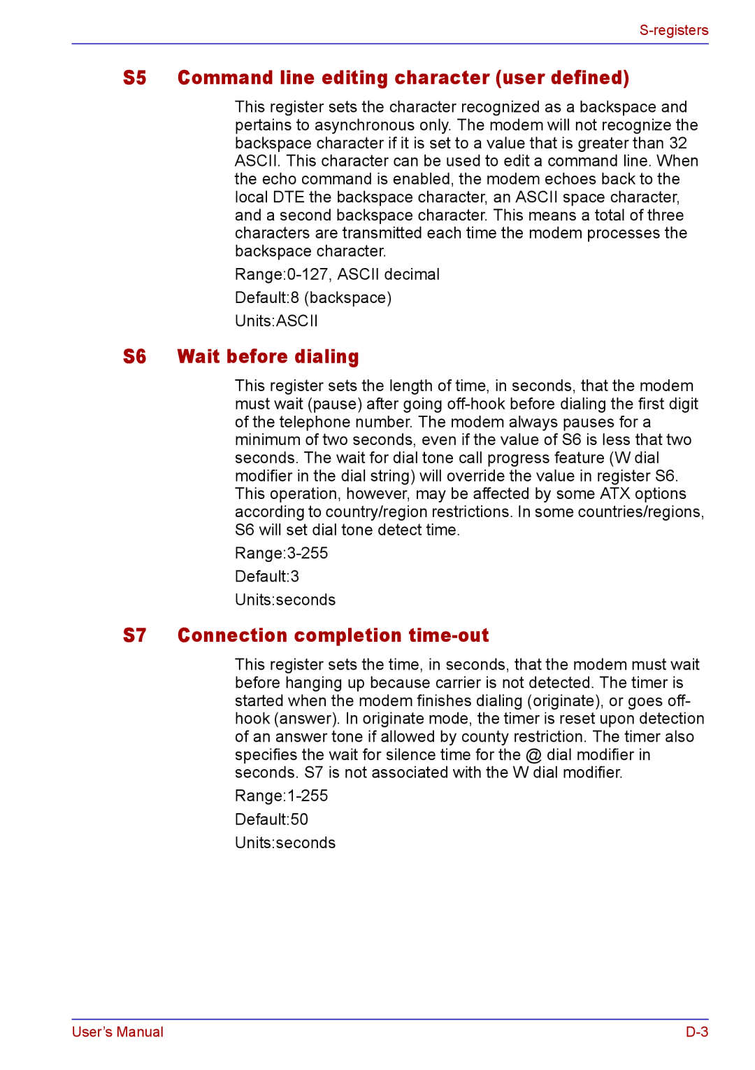 Toshiba TECRA A2 S5 Command line editing character user defined, S6 Wait before dialing, S7 Connection completion time-out 