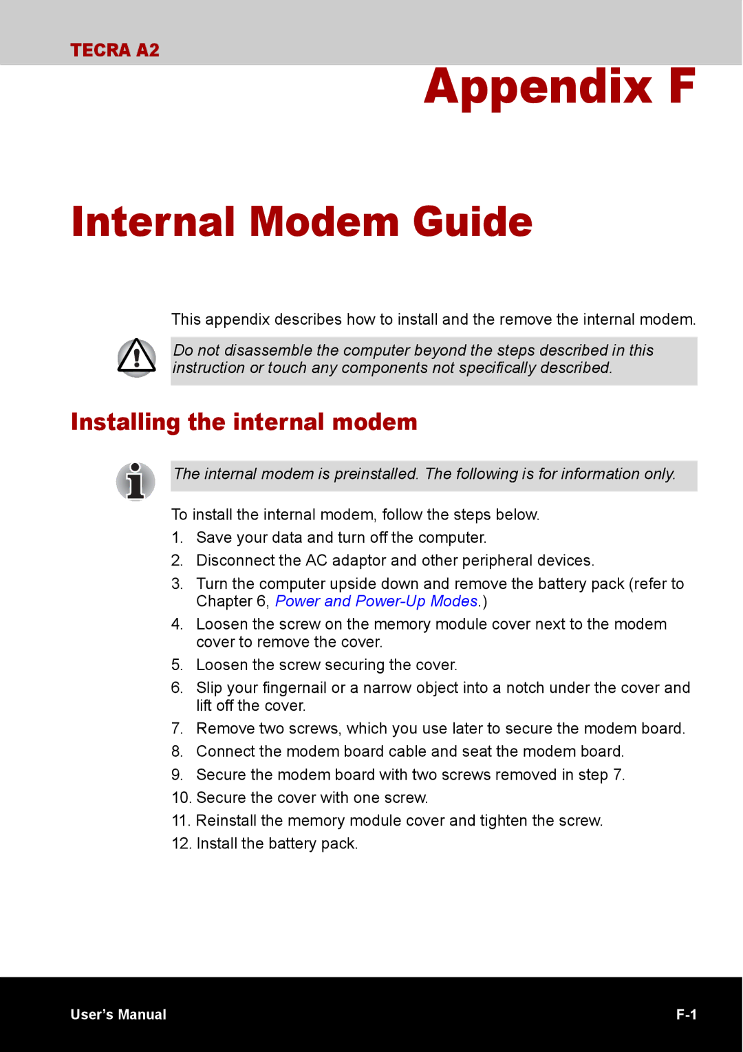 Toshiba TECRA A2 manual Appendix F, Installing the internal modem 