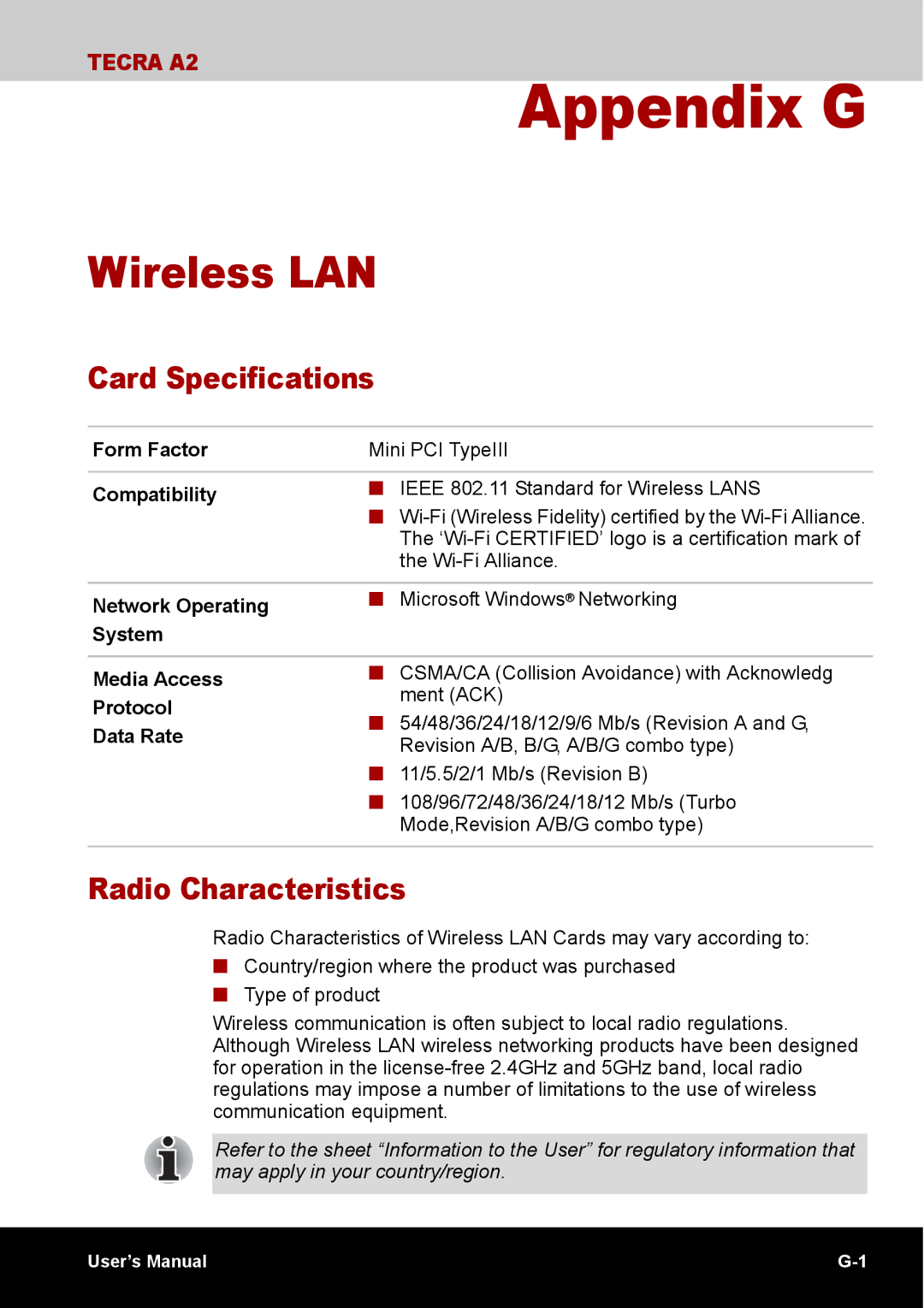 Toshiba TECRA A2 manual Wireless LAN, Card Specifications, Radio Characteristics 