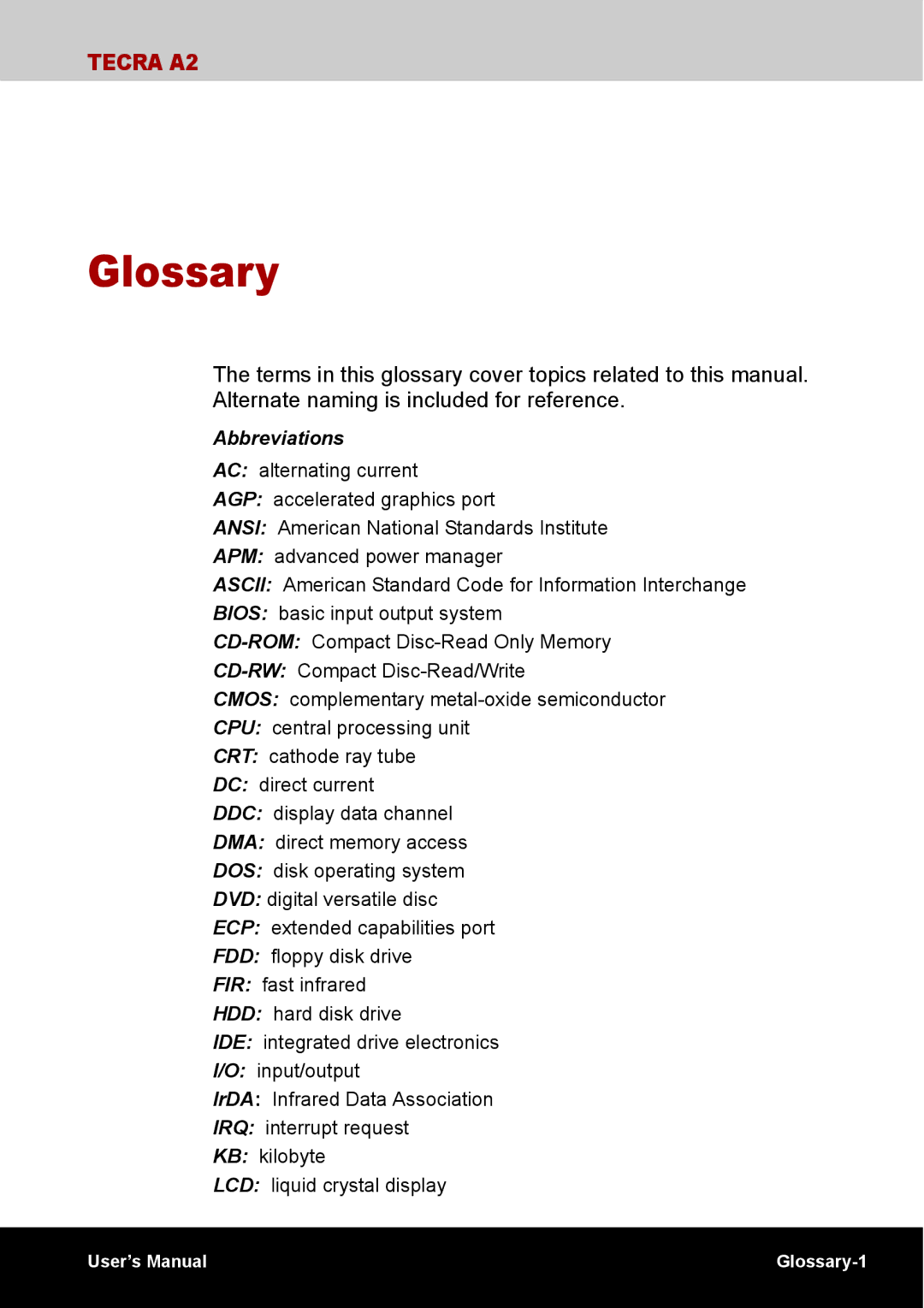 Toshiba TECRA A2 manual Glossary, Abbreviations 