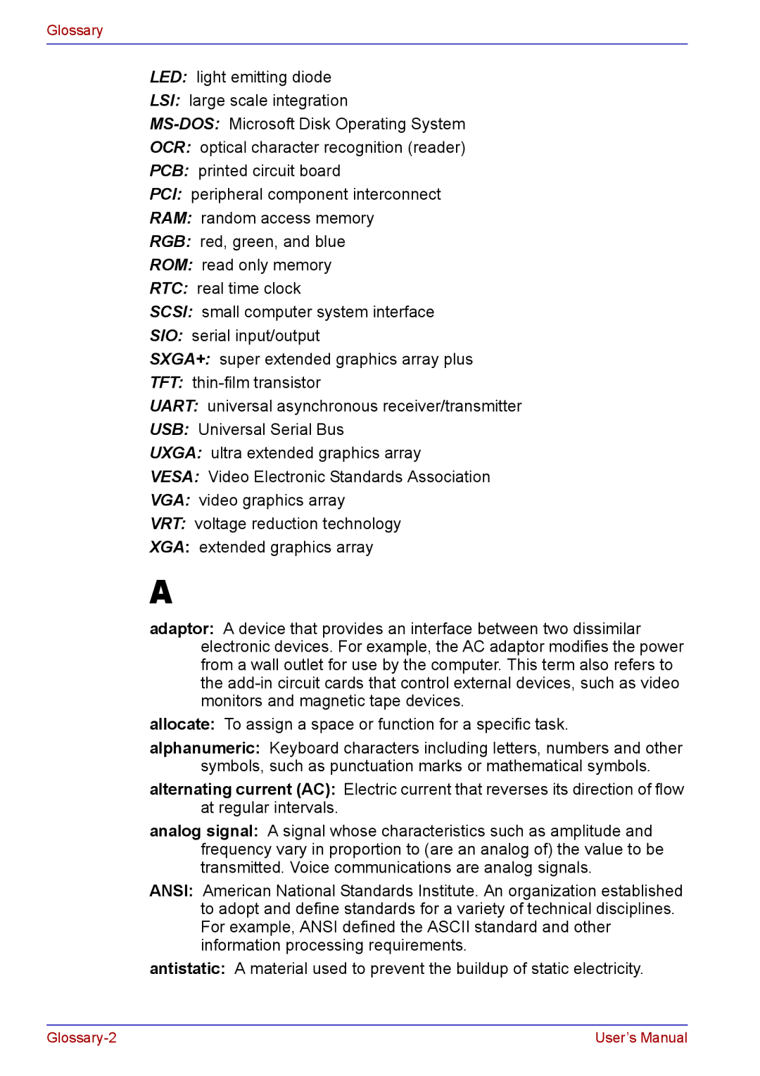 Toshiba TECRA A2 manual Glossary 