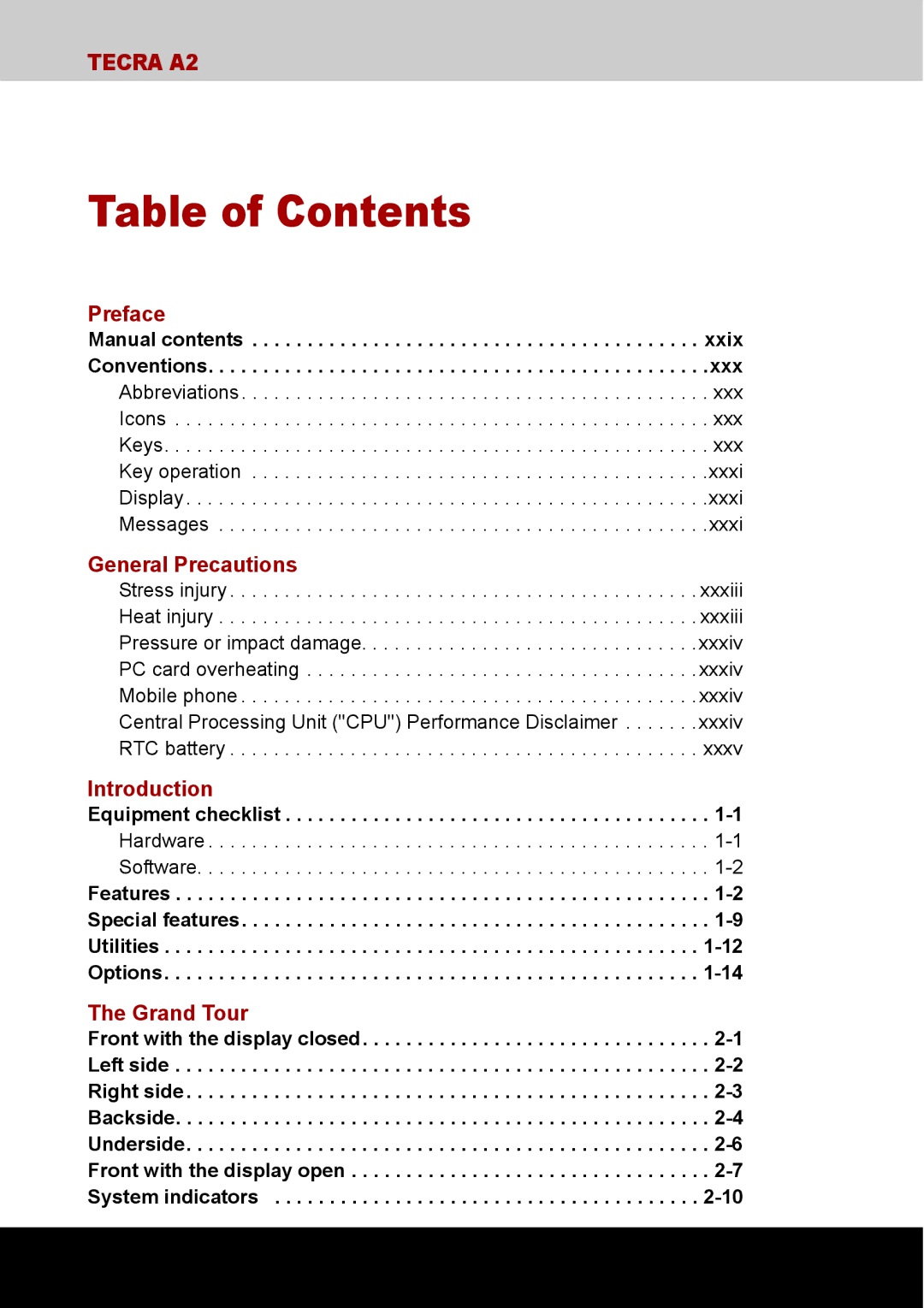 Toshiba TECRA A2 manual Table of Contents 