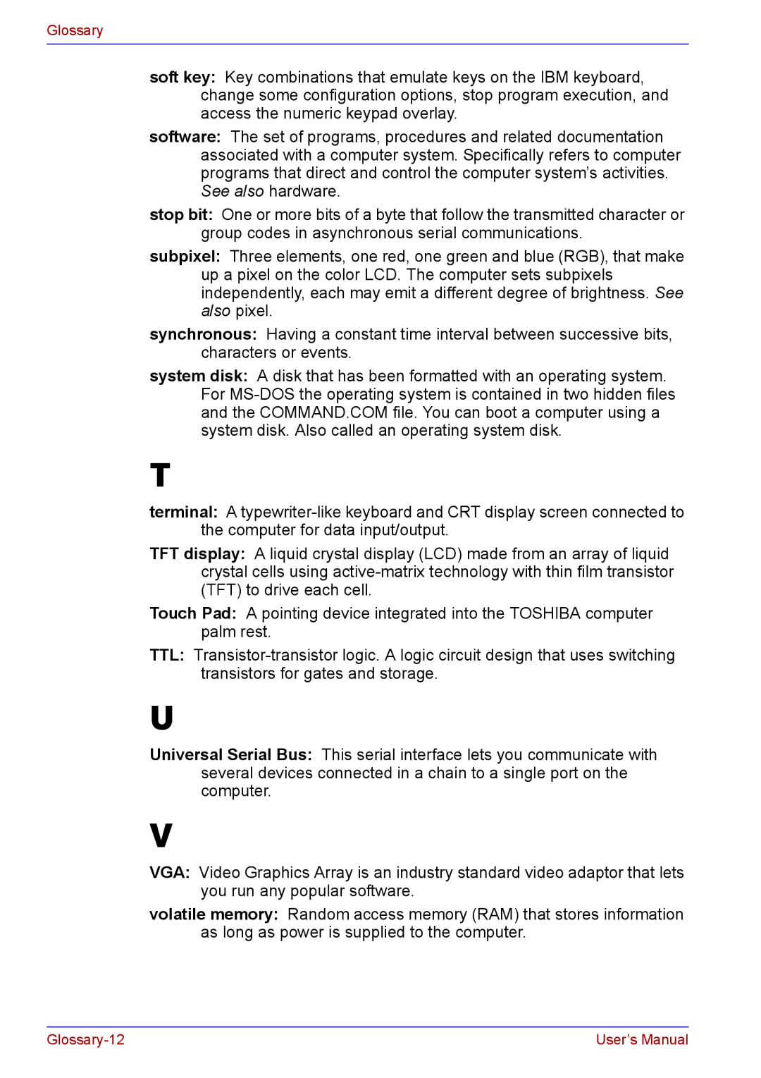 Toshiba TECRA A2 manual Glossary-12 User’s Manual 