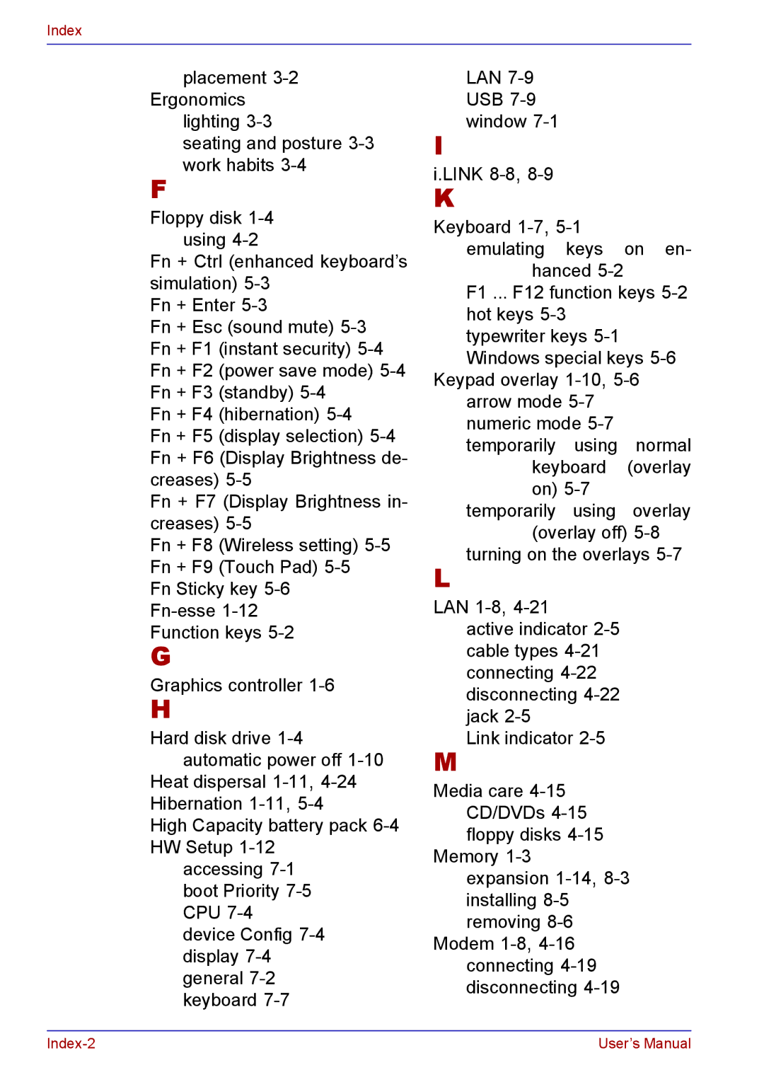 Toshiba TECRA A2 manual Index 