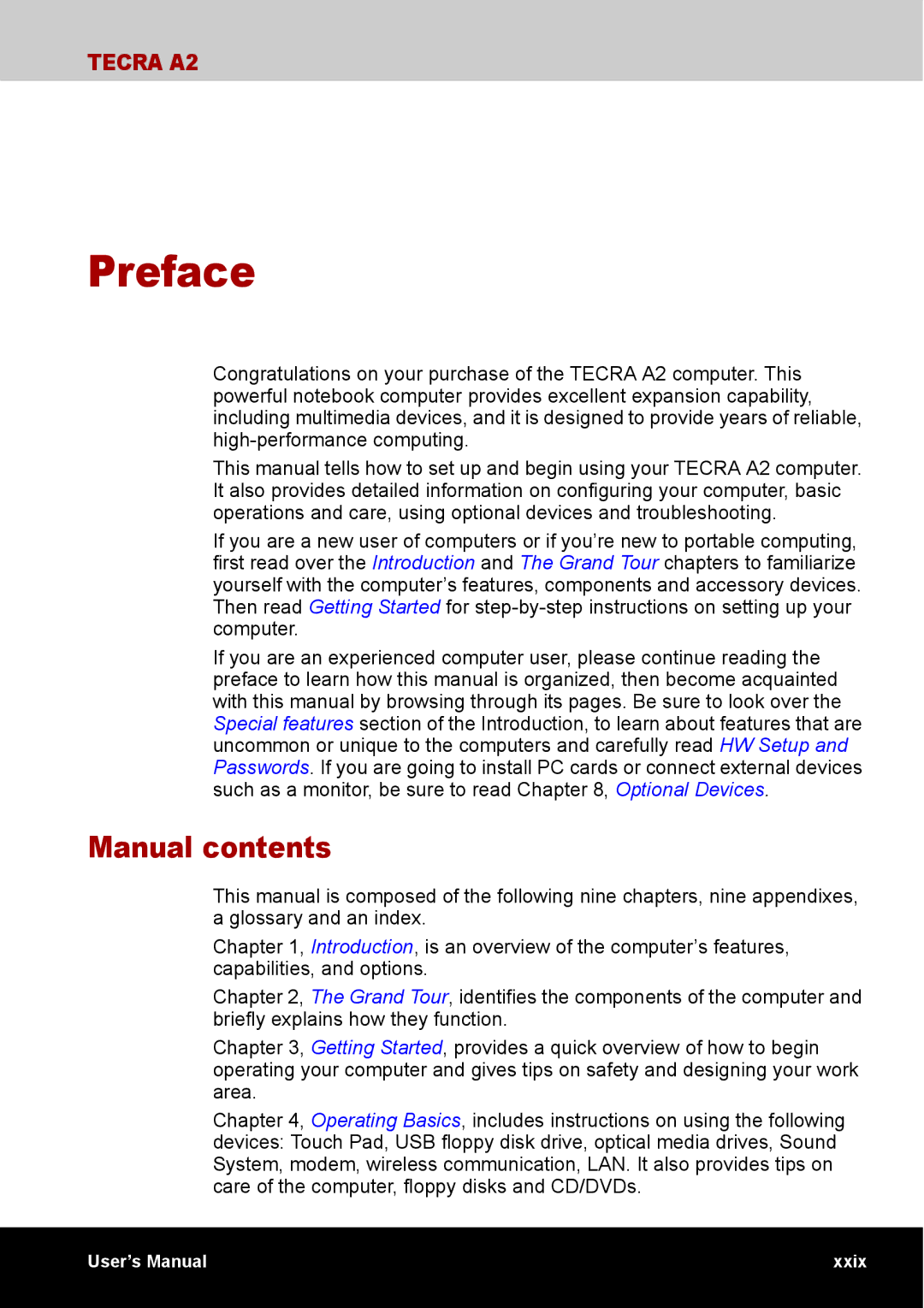 Toshiba TECRA A2 manual Preface, Manual contents 