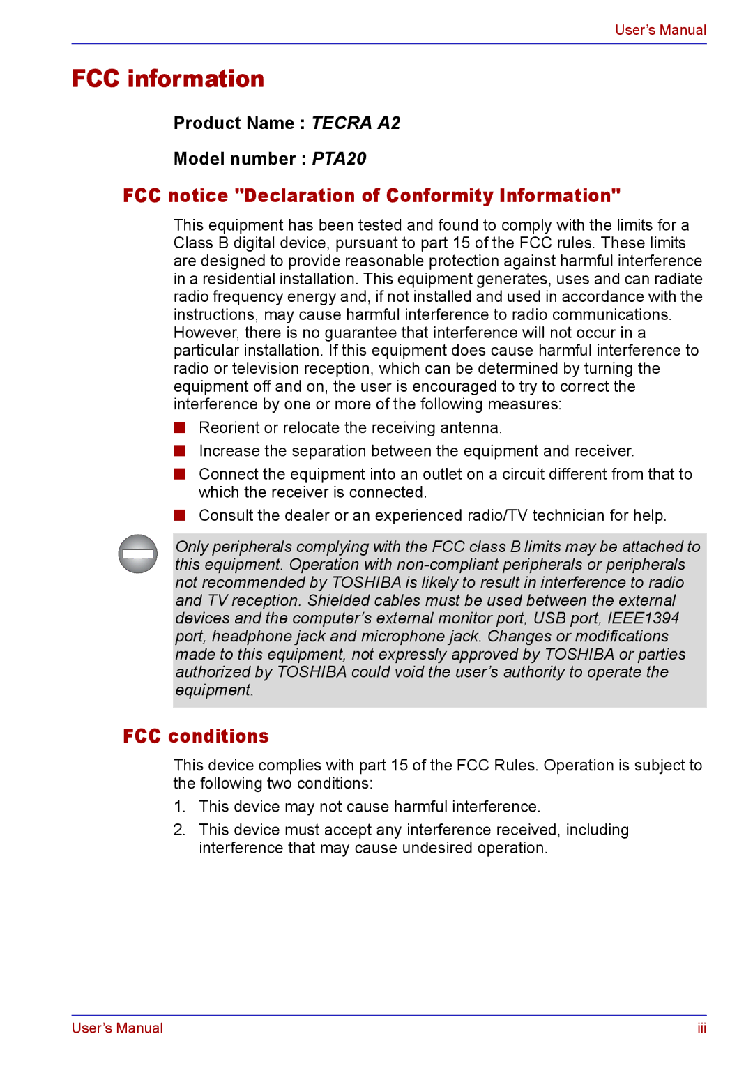 Toshiba TECRA A2 manual FCC information, FCC notice Declaration of Conformity Information, FCC conditions 