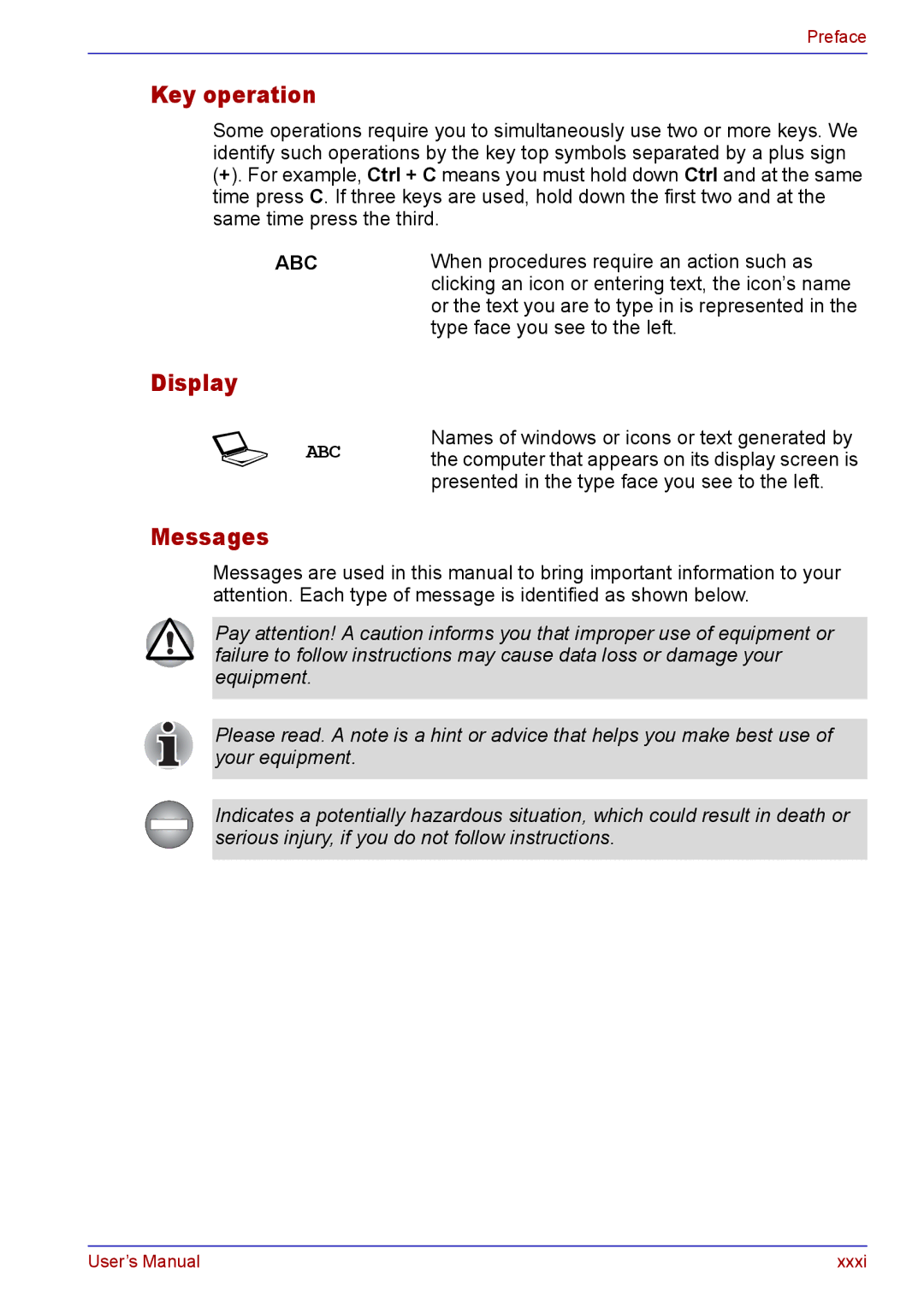 Toshiba TECRA A2 manual Key operation, Display, Messages 