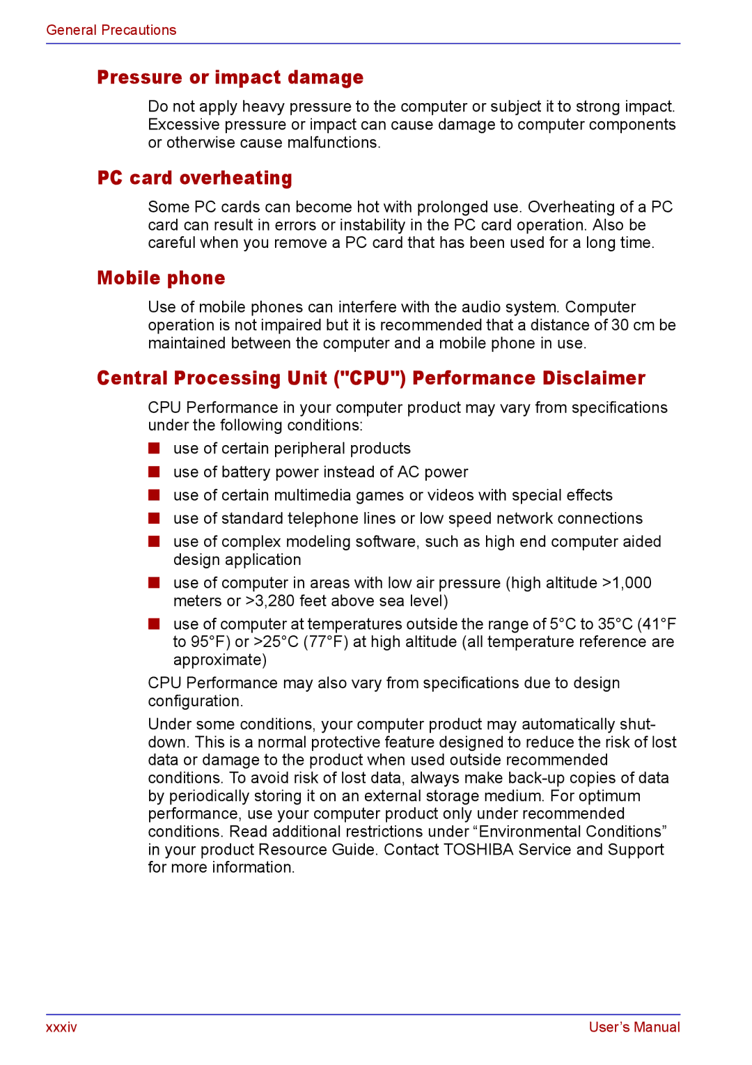 Toshiba TECRA A2 manual Pressure or impact damage, PC card overheating, Mobile phone 