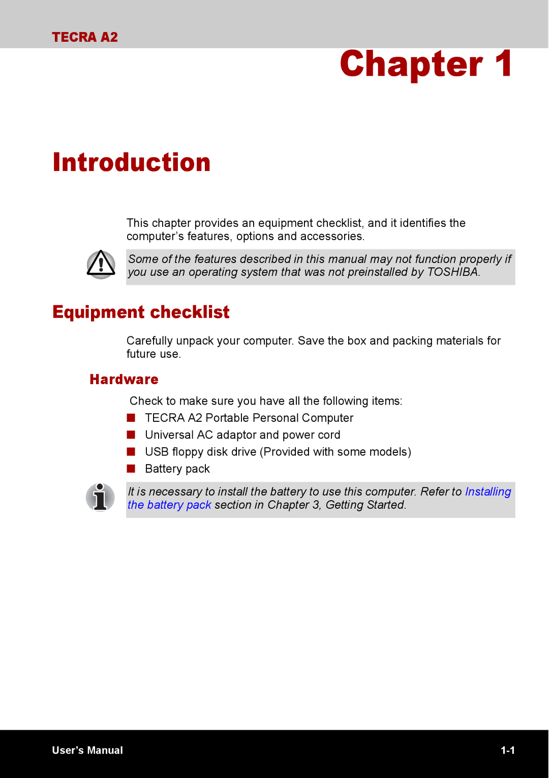 Toshiba TECRA A2 manual Introduction, Equipment checklist, Hardware 