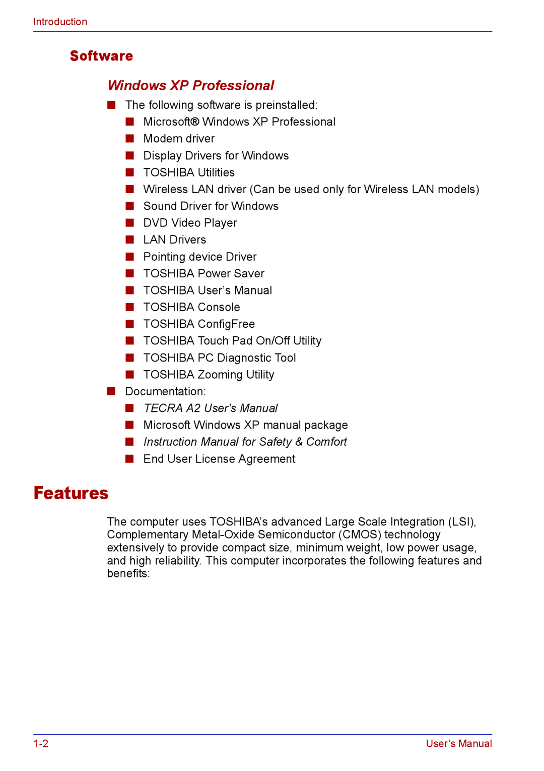 Toshiba TECRA A2 manual Features, Software, Windows XP Professional 