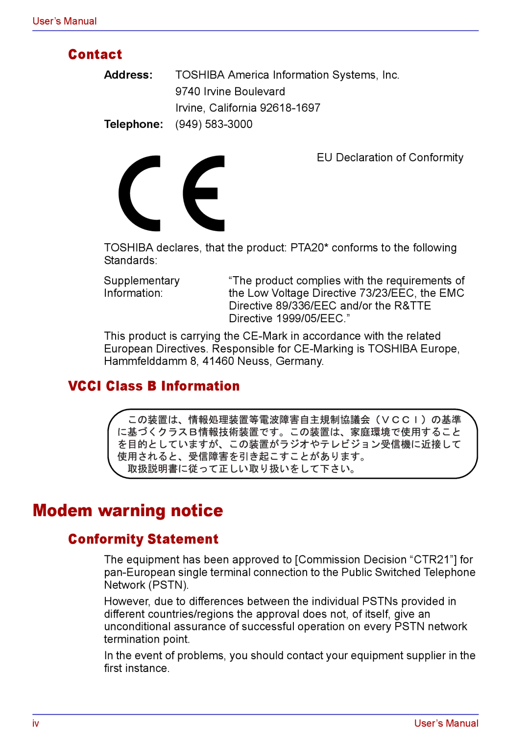 Toshiba TECRA A2 manual Modem warning notice, Contact, Vcci Class B Information, Conformity Statement 