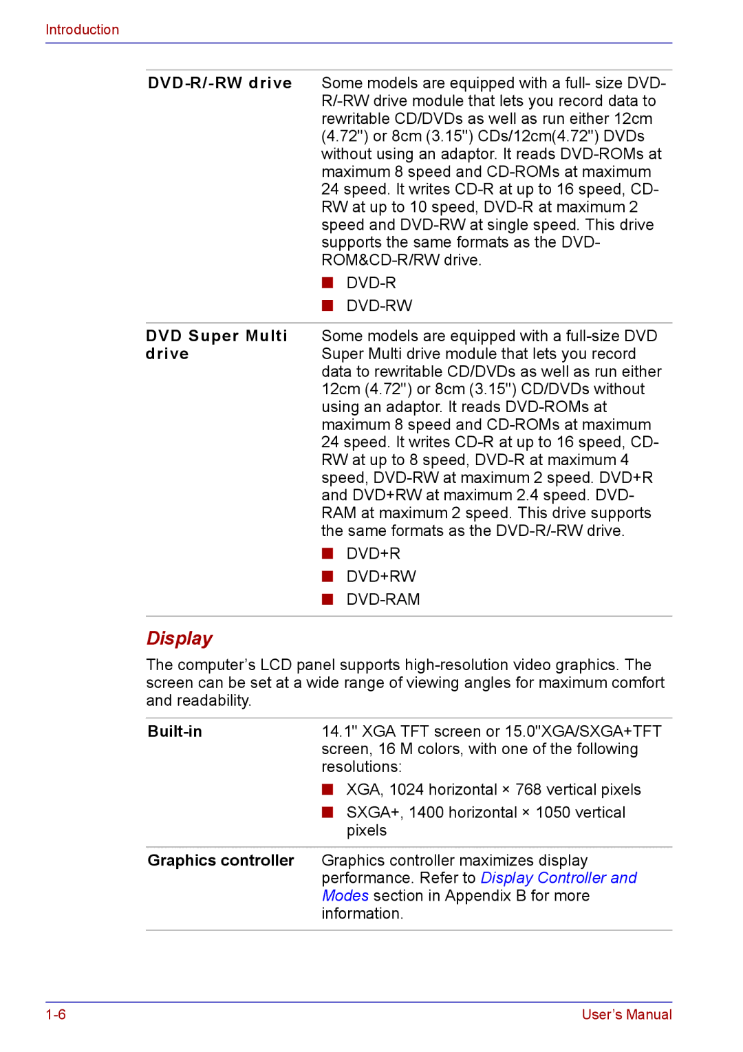 Toshiba TECRA A2 manual Display, Built-in 