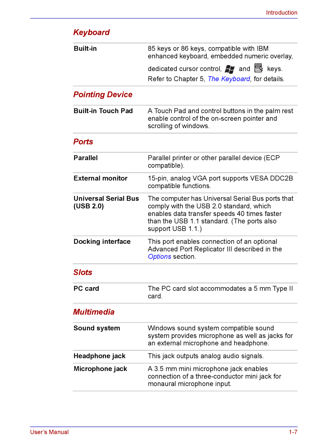 Toshiba TECRA A2 manual Keyboard, Pointing Device, Ports, Slots, Multimedia 