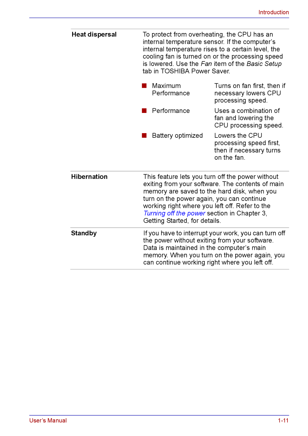 Toshiba TECRA A2 manual Heat dispersal, Standby 