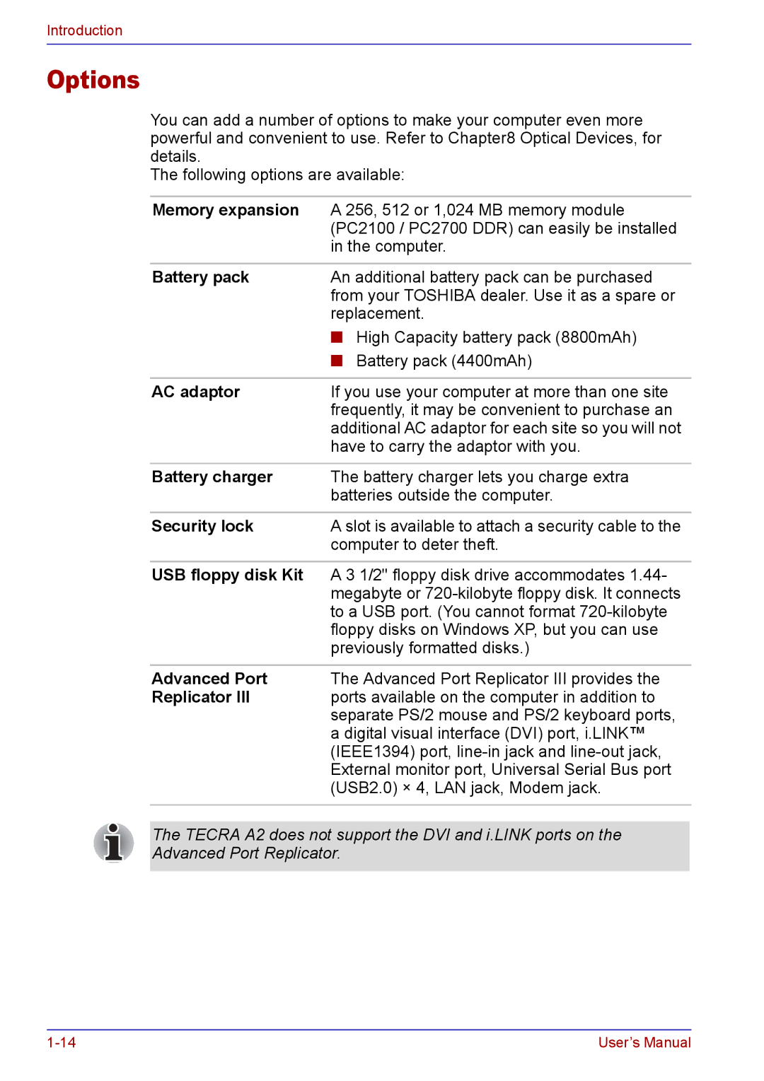 Toshiba TECRA A2 manual Options 