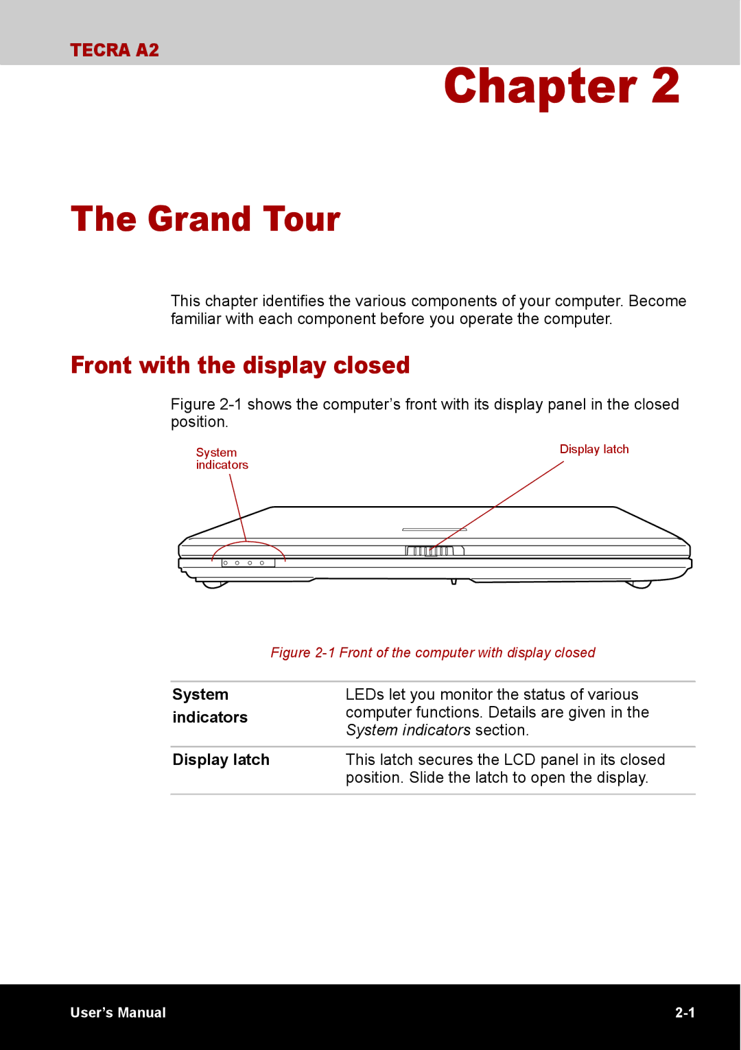 Toshiba TECRA A2 manual Grand Tour, Front with the display closed, System, Indicators, Display latch 