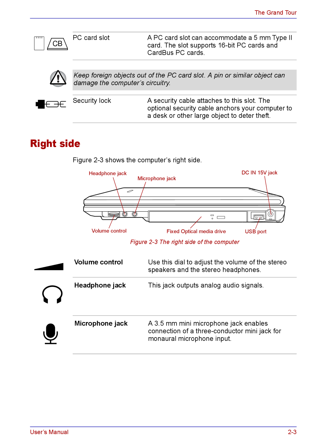 Toshiba TECRA A2 manual Right side, Headphone jack 