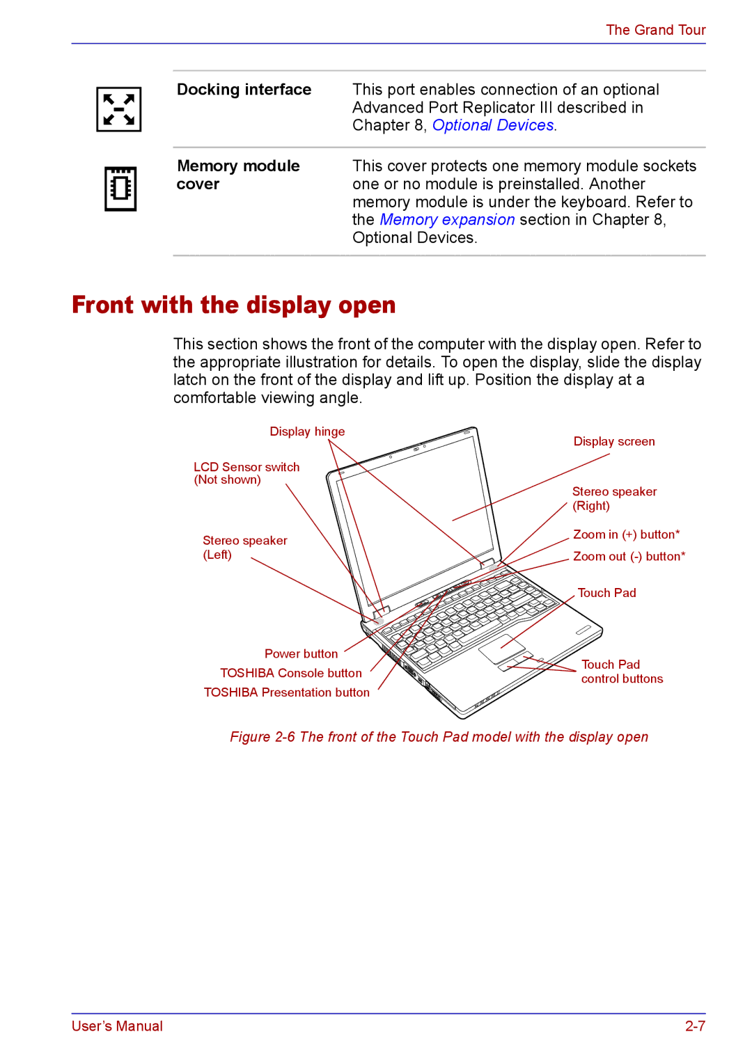 Toshiba TECRA A2 manual Front with the display open, Front of the Touch Pad model with the display open 