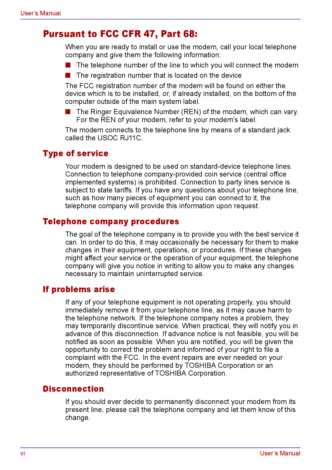 Toshiba TECRA A2 manual Type of service, Telephone company procedures, If problems arise, Disconnection 