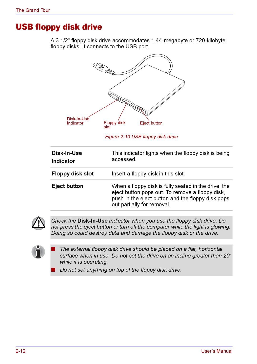 Toshiba TECRA A2 manual USB floppy disk drive, Eject button 