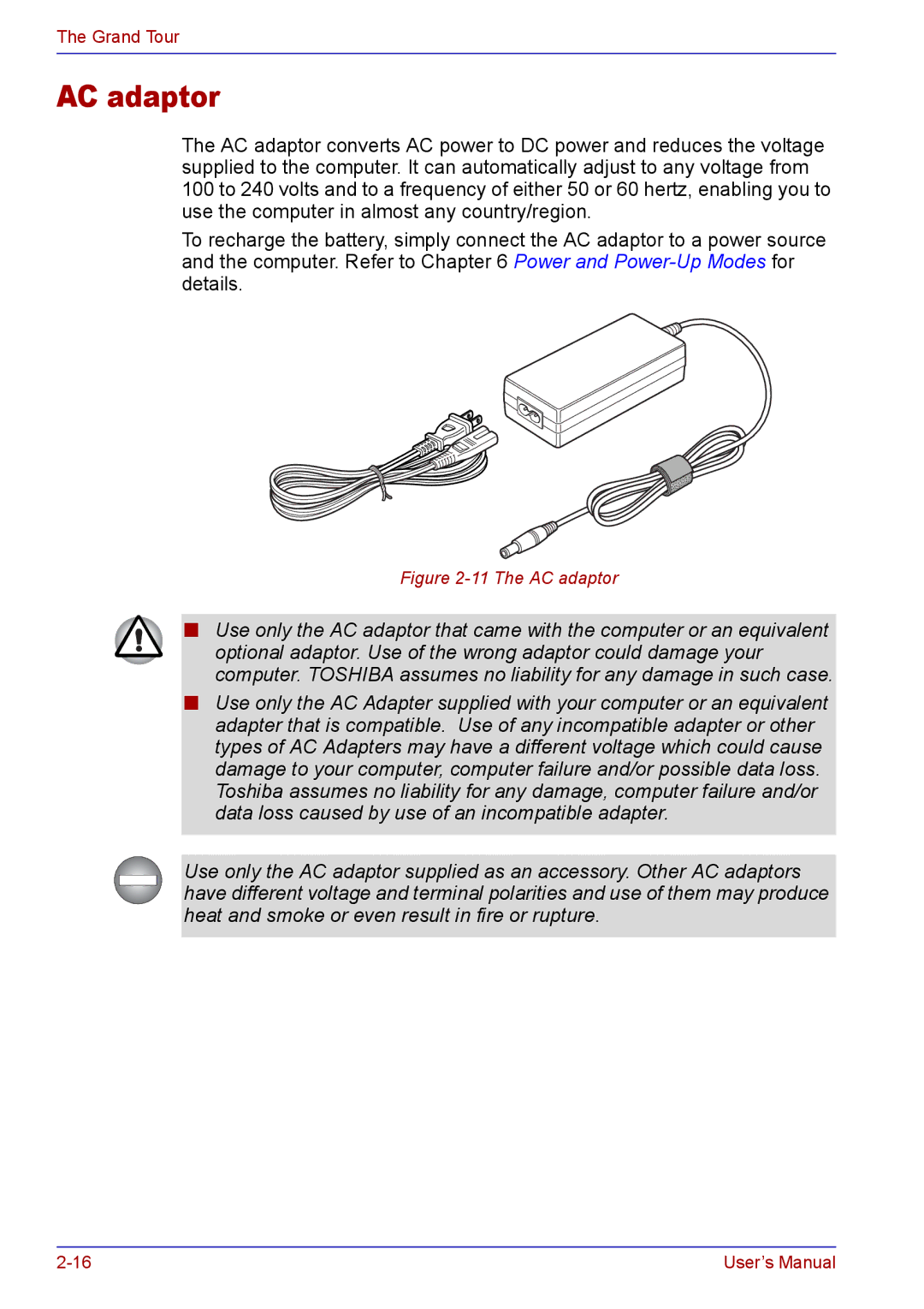 Toshiba TECRA A2 manual The AC adaptor 