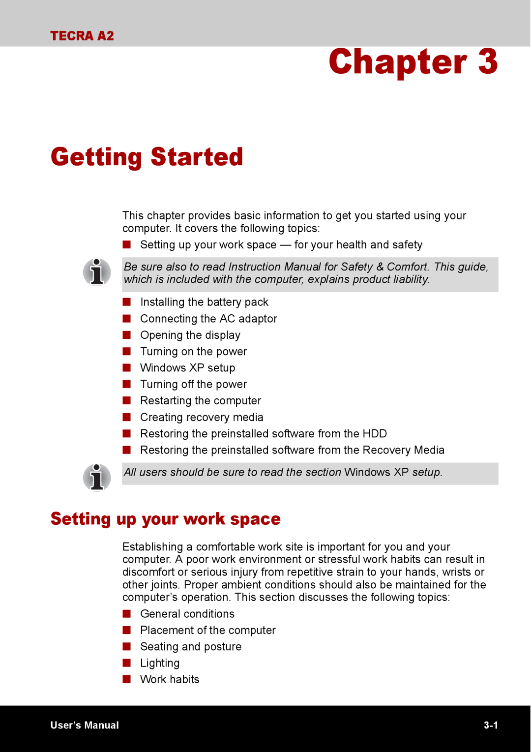 Toshiba TECRA A2 manual Getting Started, Setting up your work space 