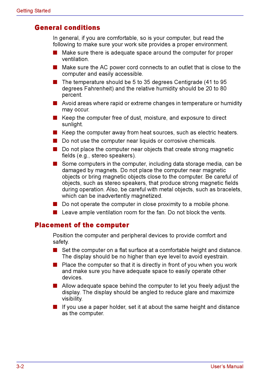 Toshiba TECRA A2 manual General conditions, Placement of the computer 