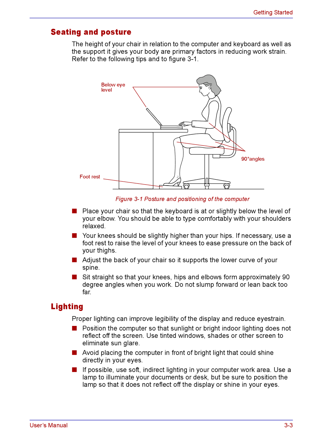 Toshiba TECRA A2 manual Seating and posture, Lighting 