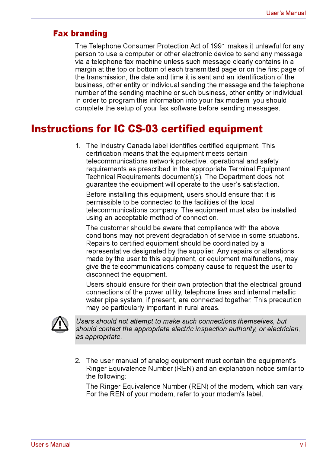 Toshiba TECRA A2 manual Instructions for IC CS-03 certified equipment, Fax branding 