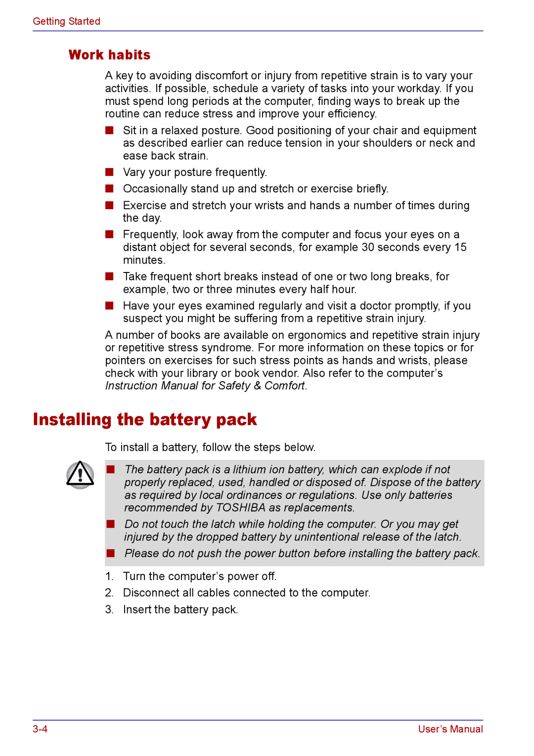 Toshiba TECRA A2 manual Installing the battery pack, Work habits 