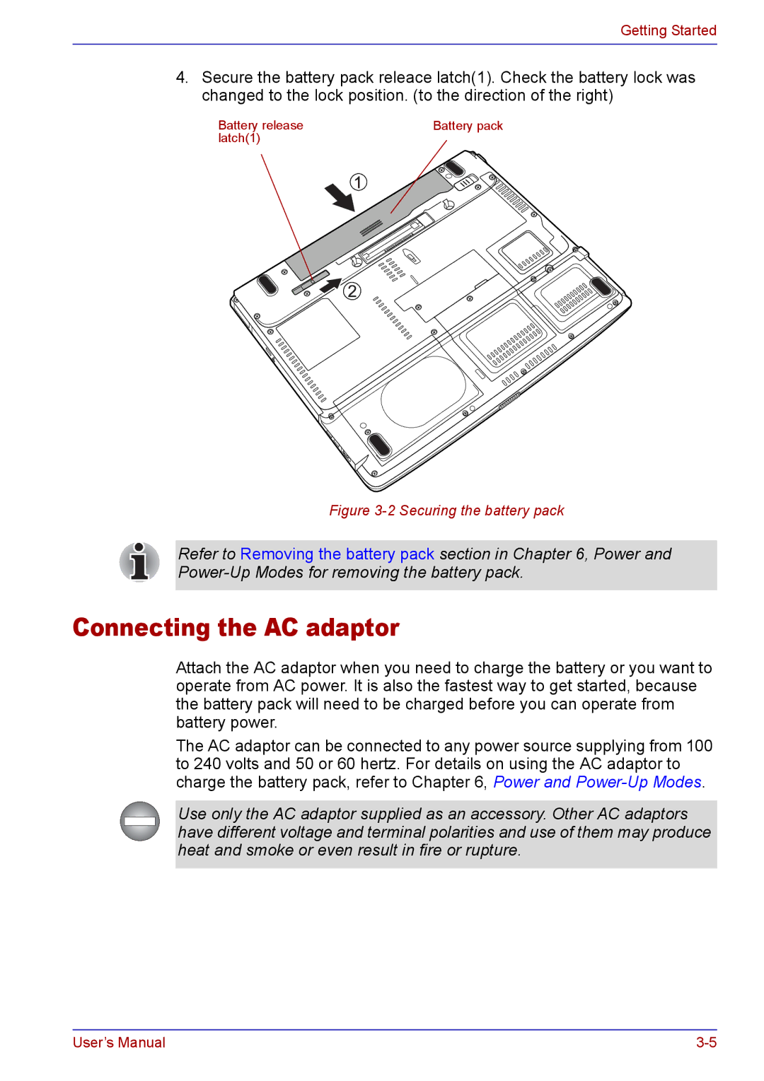 Toshiba TECRA A2 manual Connecting the AC adaptor, Securing the battery pack 