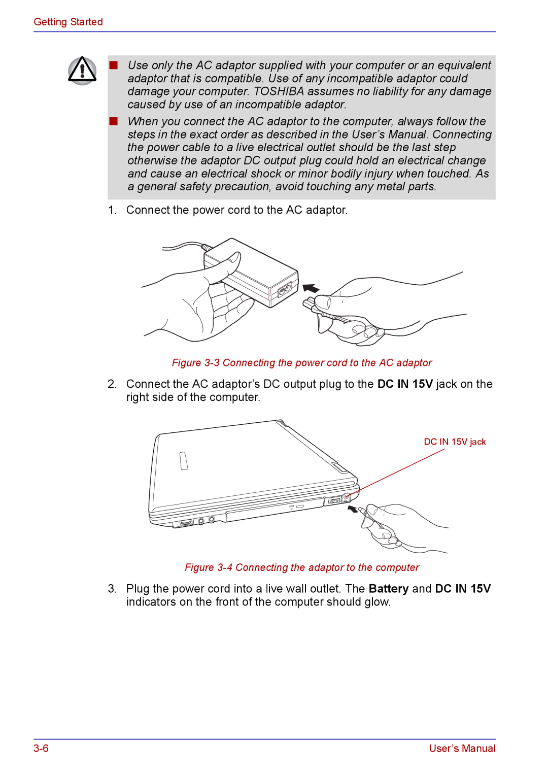 Toshiba TECRA A2 manual Connect the power cord to the AC adaptor 