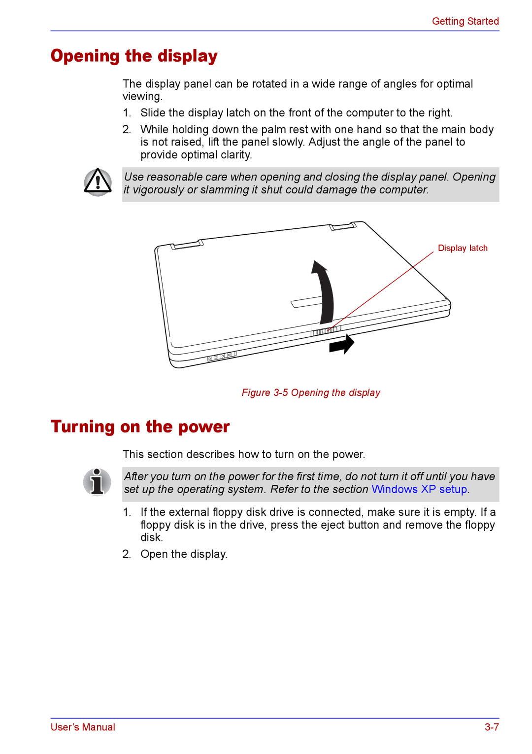 Toshiba TECRA A2 manual Opening the display, Turning on the power 