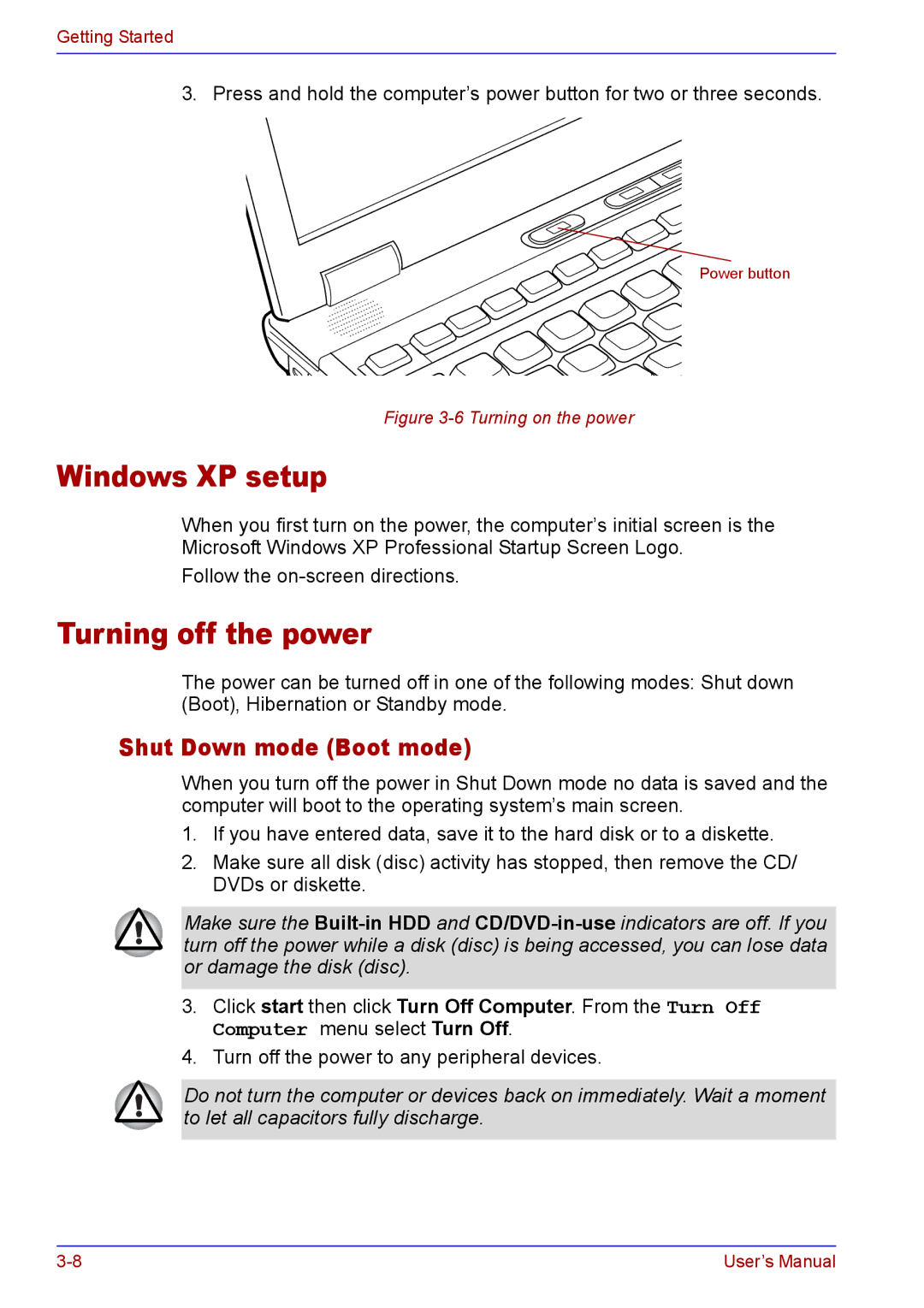 Toshiba TECRA A2 manual Windows XP setup, Turning off the power, Shut Down mode Boot mode 