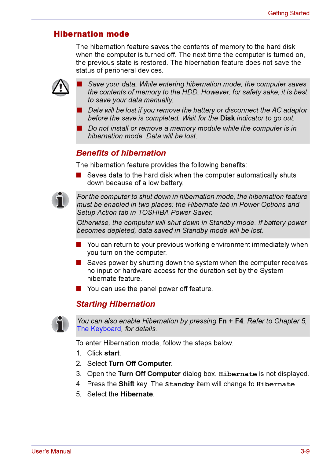 Toshiba TECRA A2 manual Hibernation mode, Benefits of hibernation, Starting Hibernation, Select Turn Off Computer 