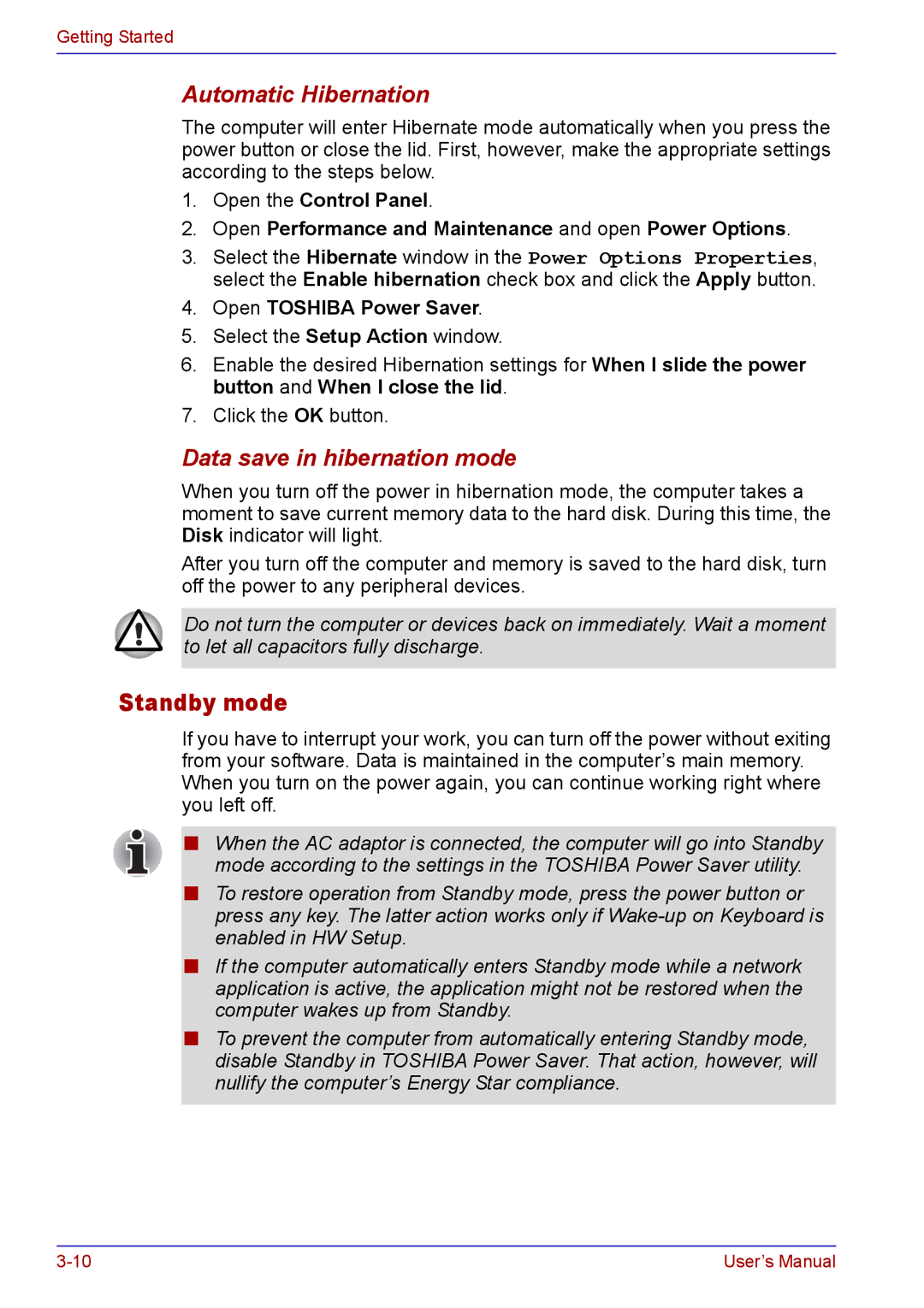 Toshiba TECRA A2 manual Standby mode, Automatic Hibernation, Data save in hibernation mode, Open Toshiba Power Saver 