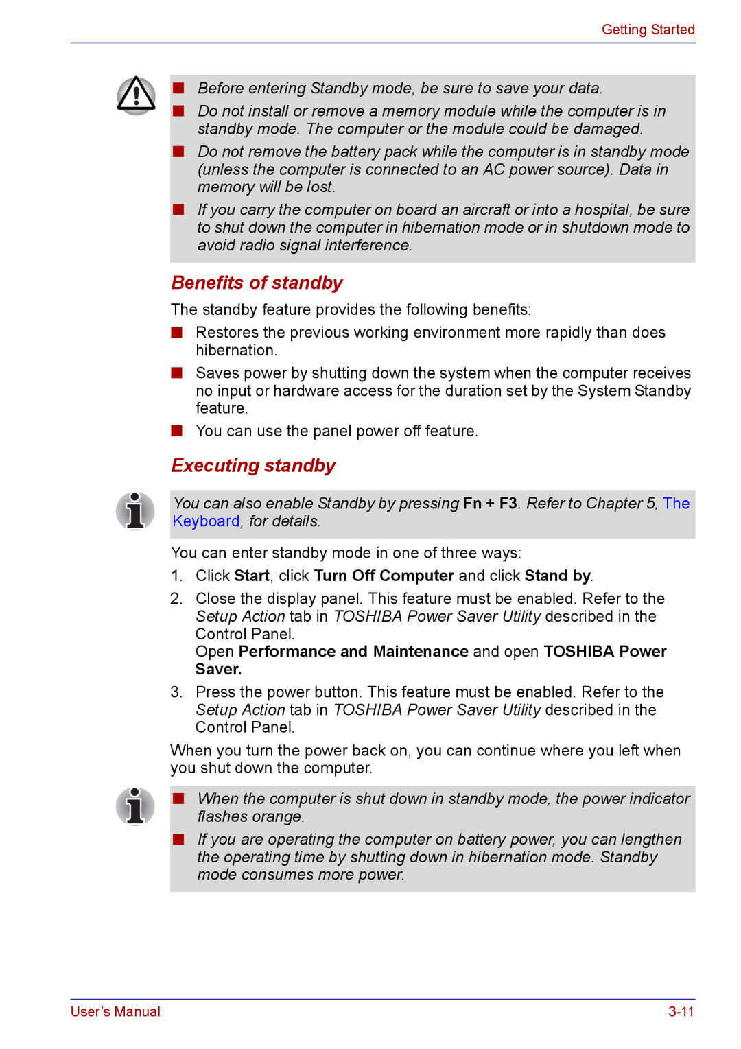 Toshiba TECRA A2 manual Benefits of standby, Executing standby, Click Start, click Turn Off Computer and click Stand by 